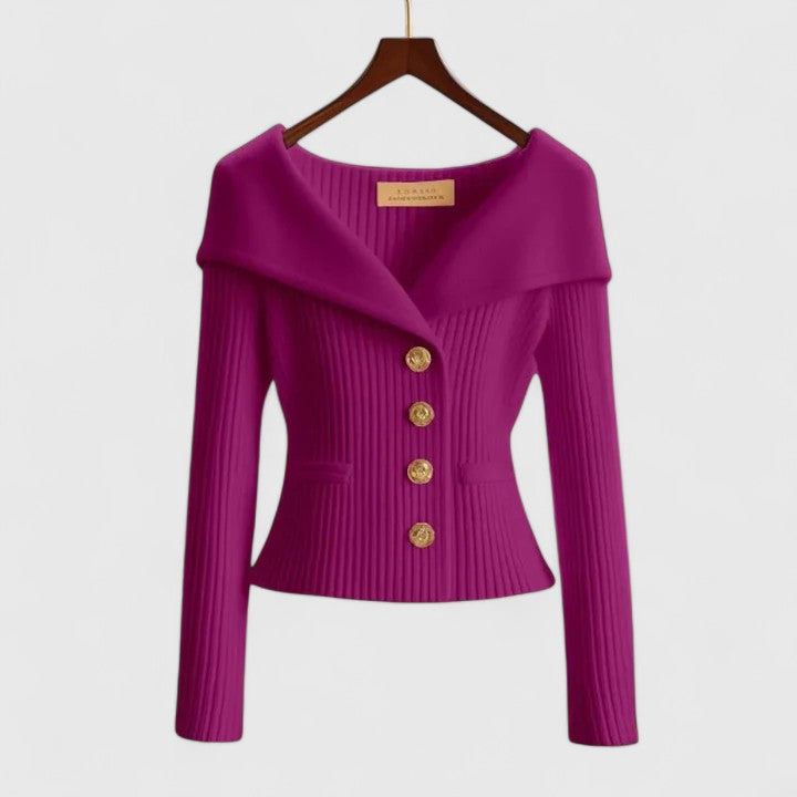Off-Shoulder Rib-Knit Button Cardigan