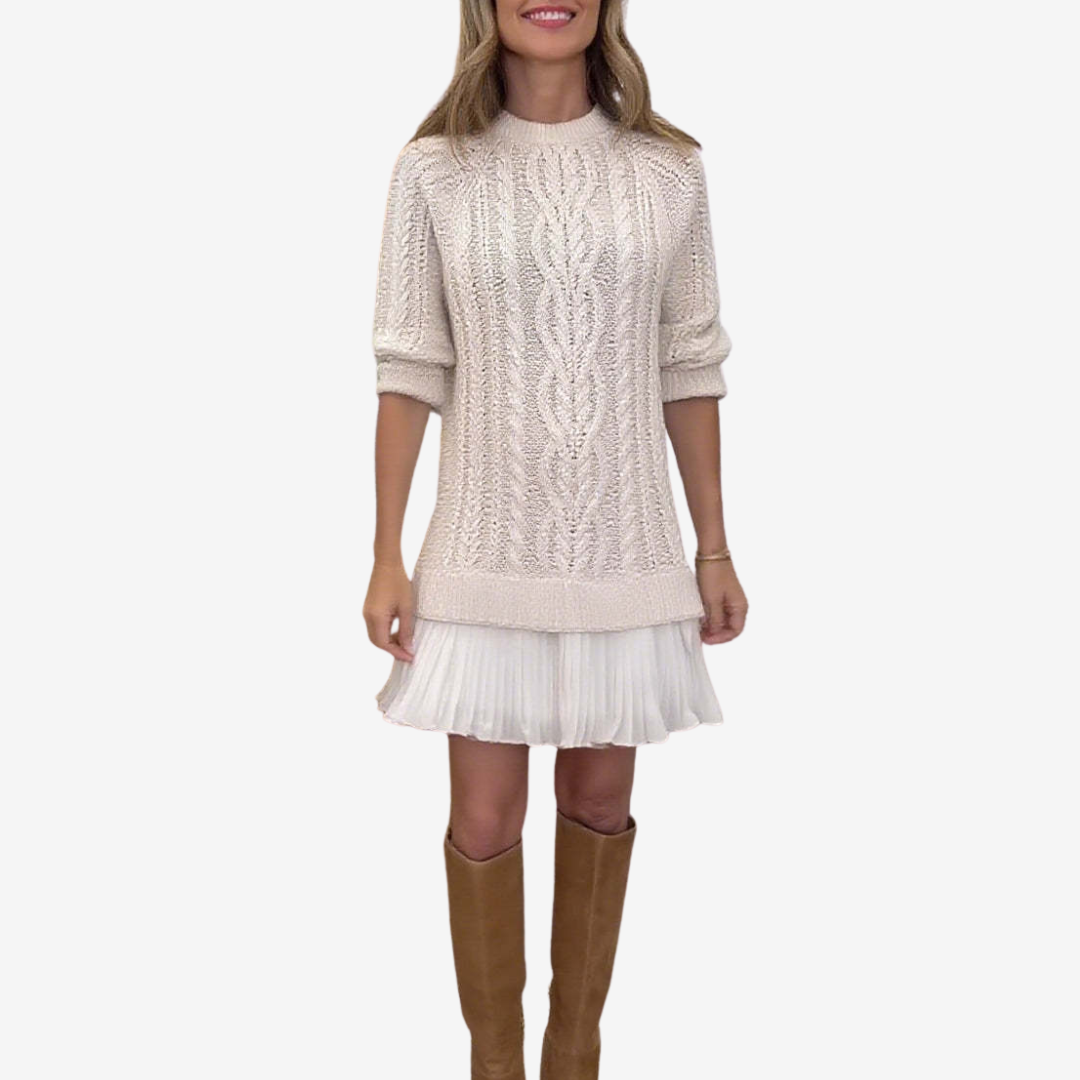 Cable Knit Sweater Dress with Layered Hem