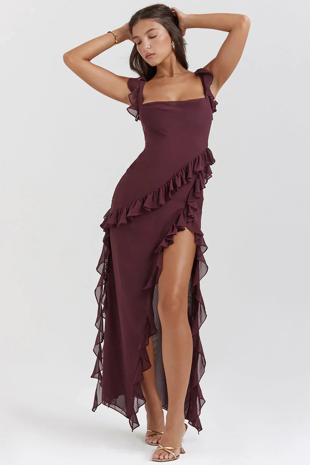 One-Shoulder Ruffled Maxi Dress with High Slit