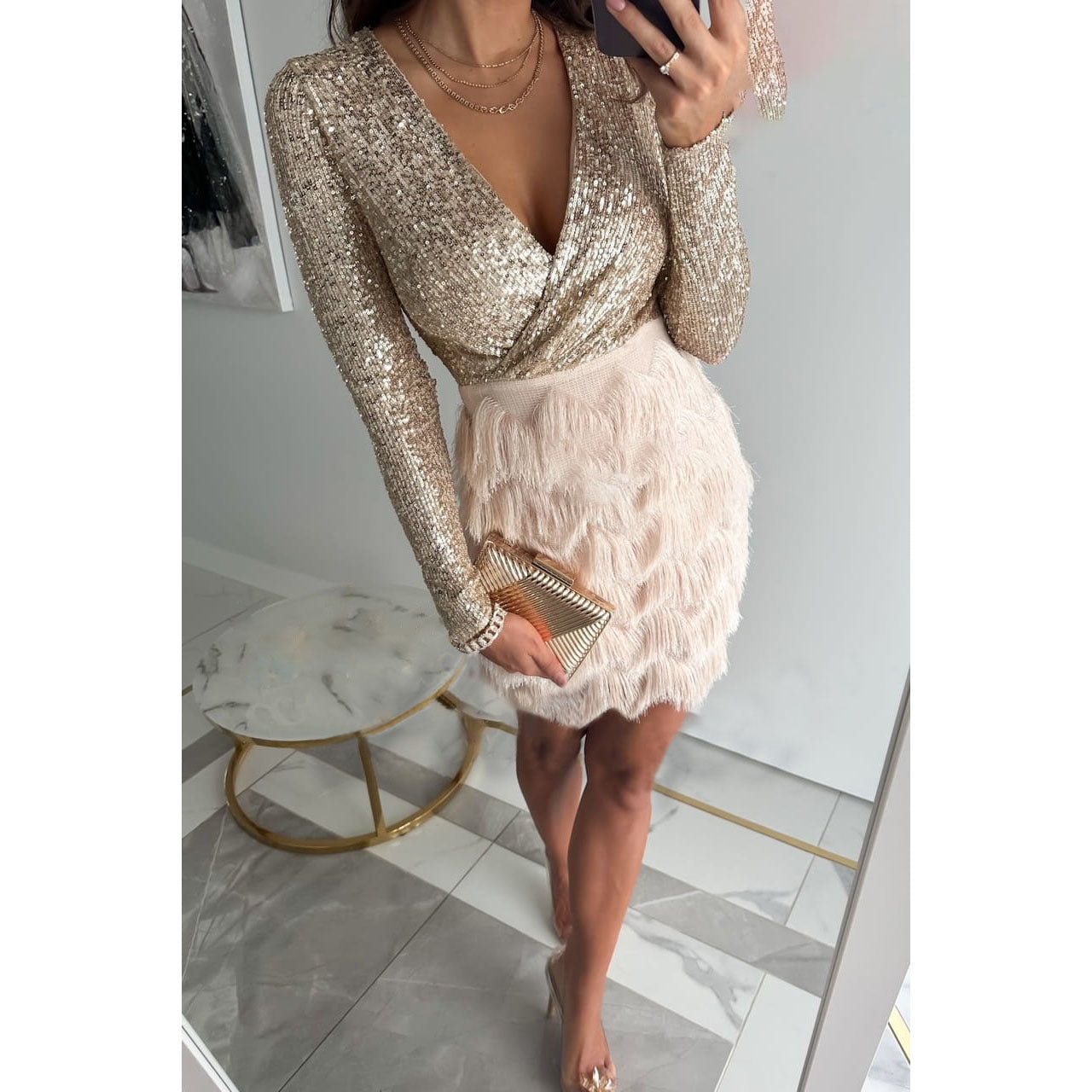 Sequin V-Neck Long Sleeve Mini Dress