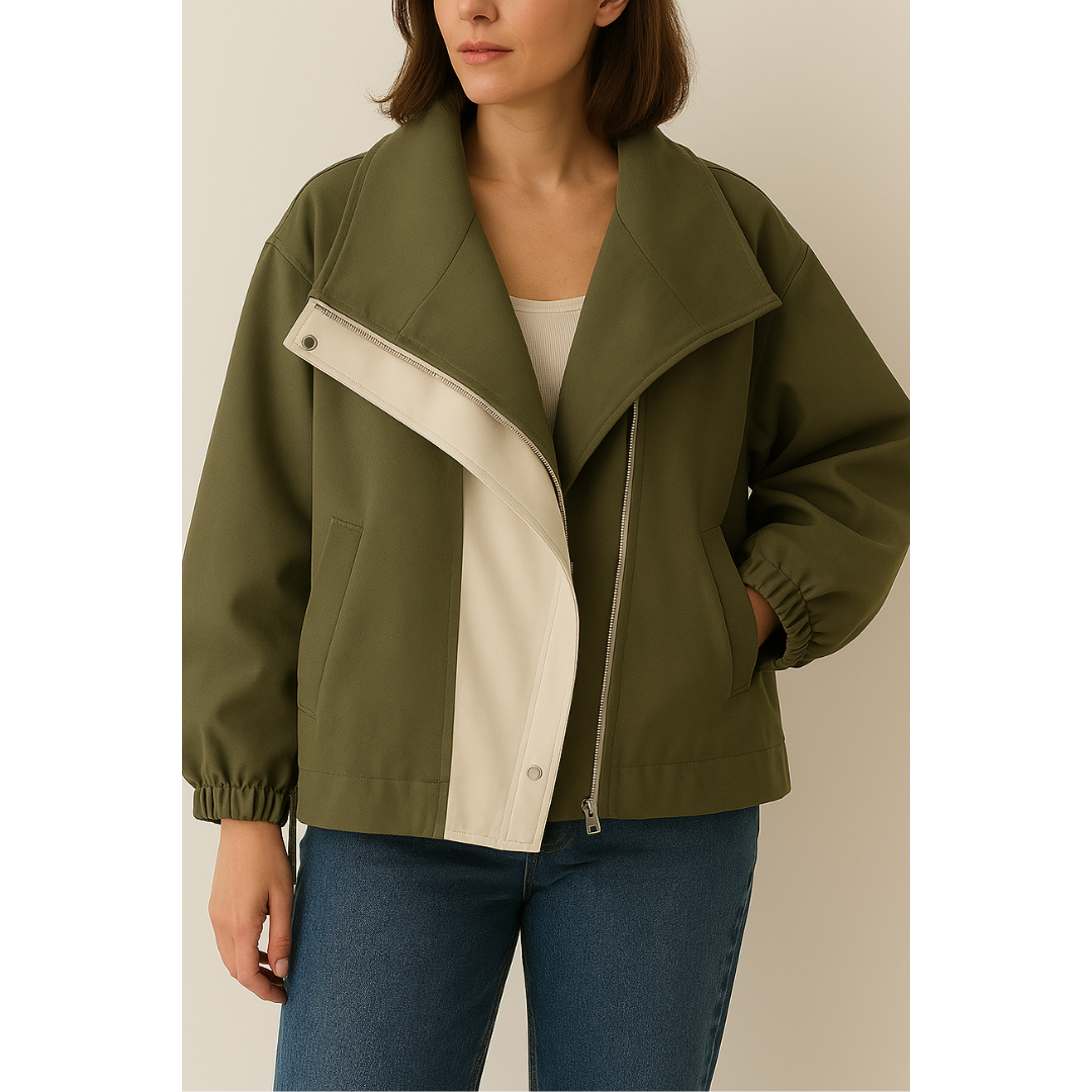 Two-Tone Hooded Cinch Waist Utility Jacket