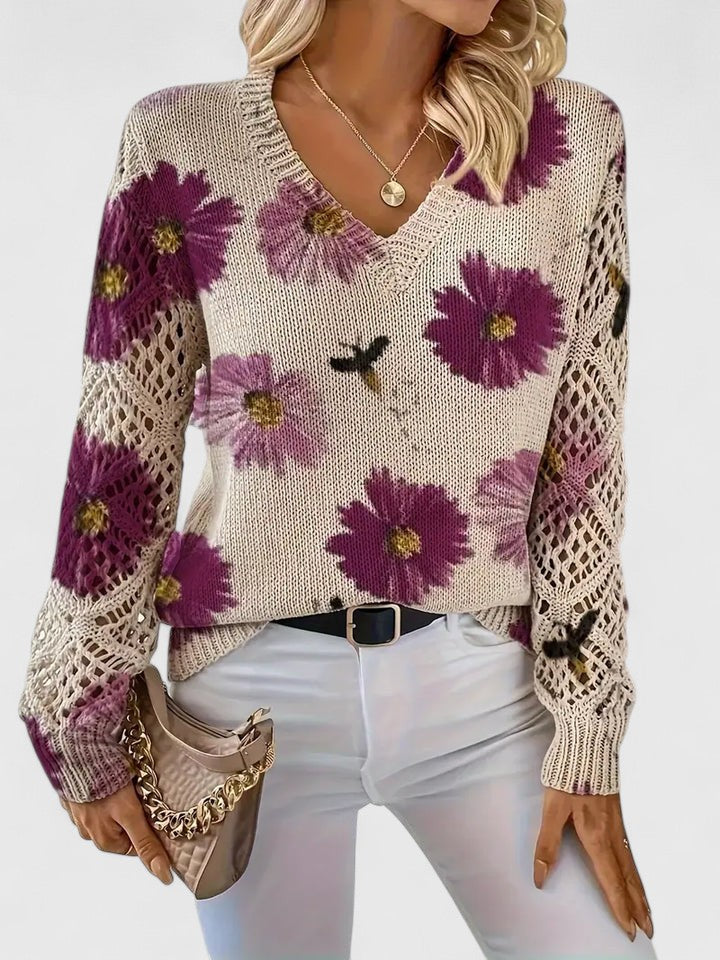Floral Crochet Knit V Neck Sweater for Effortless Style