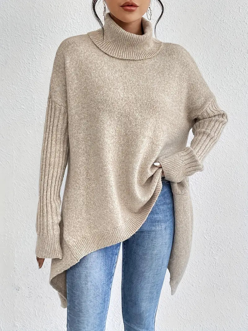 Relaxed Turtleneck Knit Sweater with Side Slit Detail