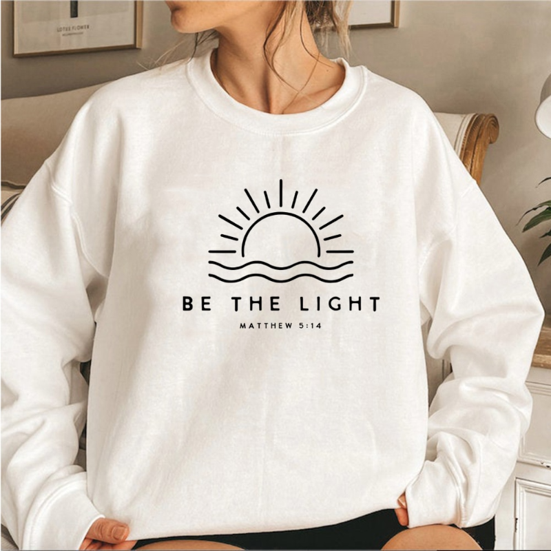 Inspirational “Be The Light” Graphic Crewneck Sweatshirt for Women
