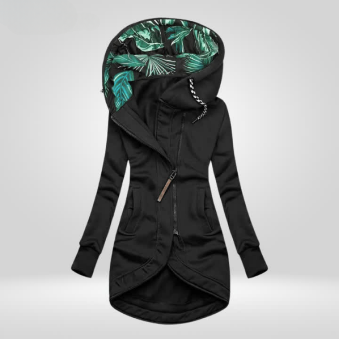 Asymmetrical Zip Hooded Jacket with Printed Lining