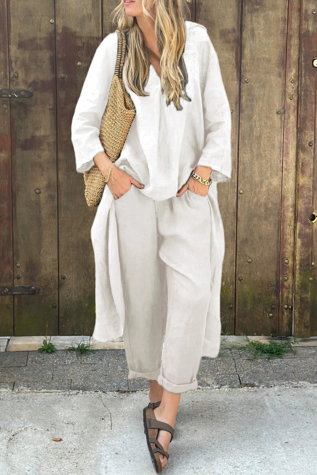 Boho Two-Piece Long Sleeve Top and Wide-Leg Pants Set