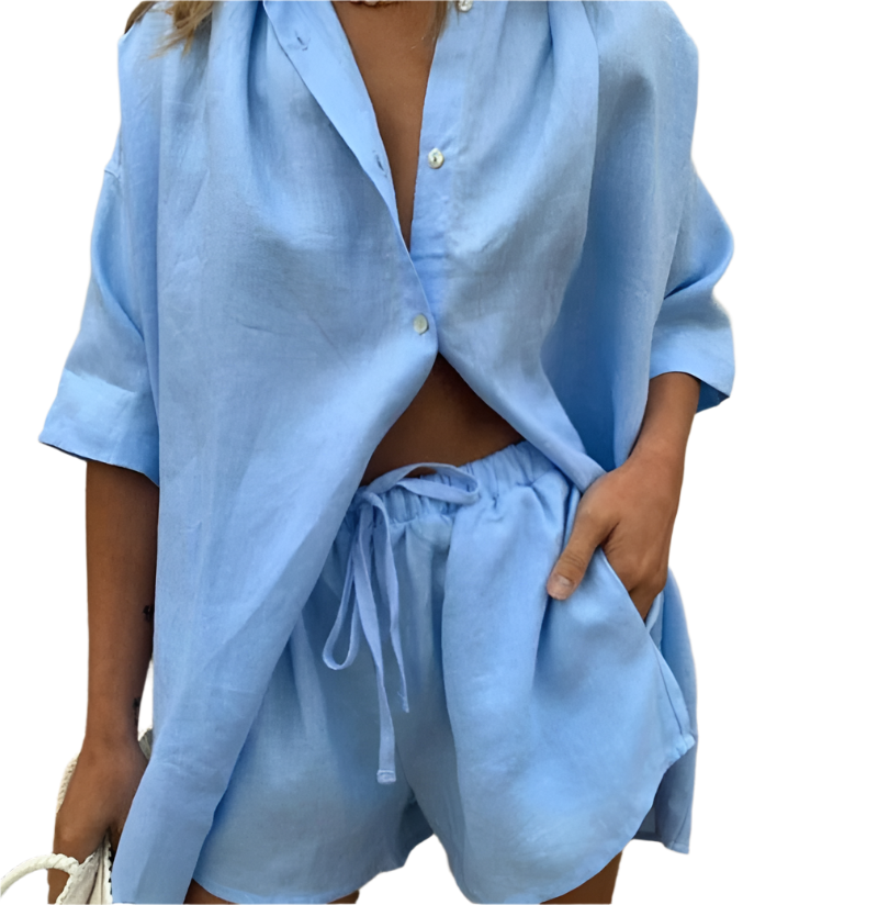 Linen Two-Piece Oversized Shirt and Drawstring Shorts Set