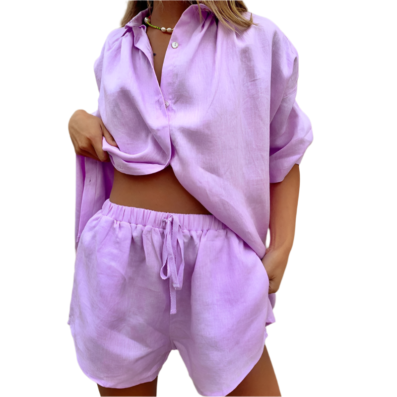 Linen Two-Piece Oversized Shirt and Drawstring Shorts Set