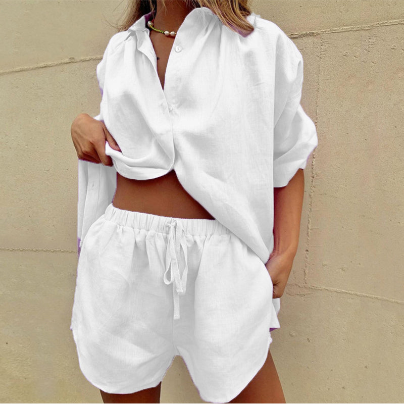 Linen Two-Piece Oversized Shirt and Drawstring Shorts Set
