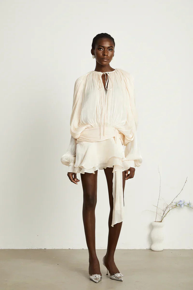 Long Sleeve Pleated Satin Mini Dress