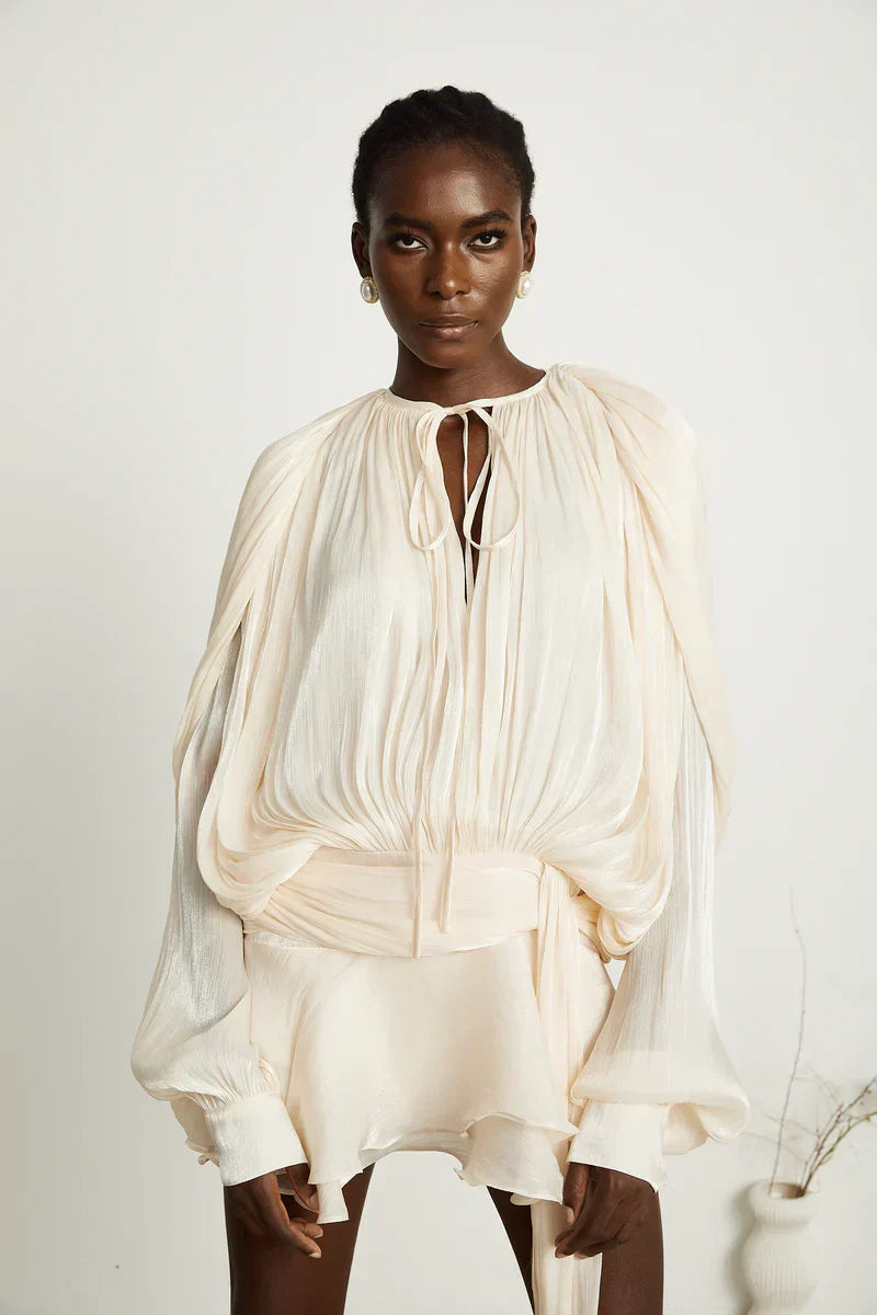 Long Sleeve Pleated Satin Mini Dress