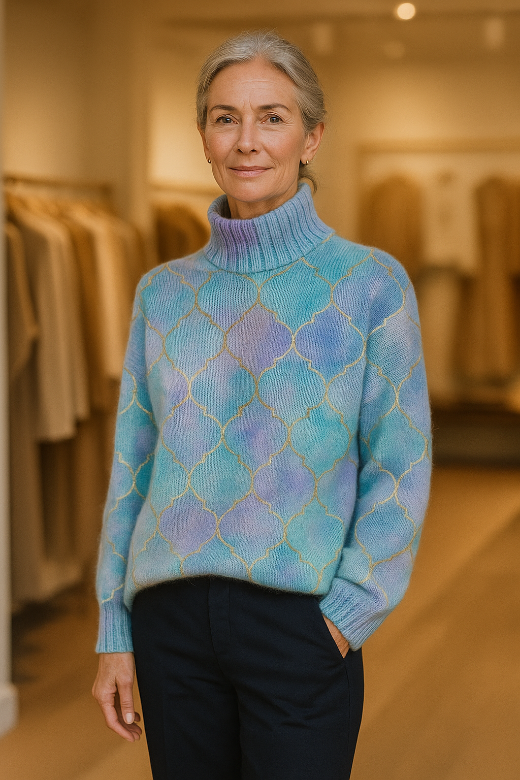 Geometric Metallic Accent Knit Turtleneck Sweater