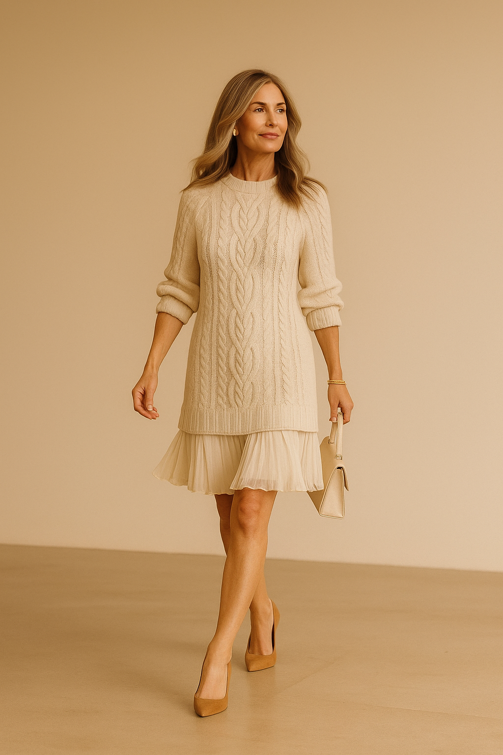 Cable Knit Sweater Dress with Layered Hem