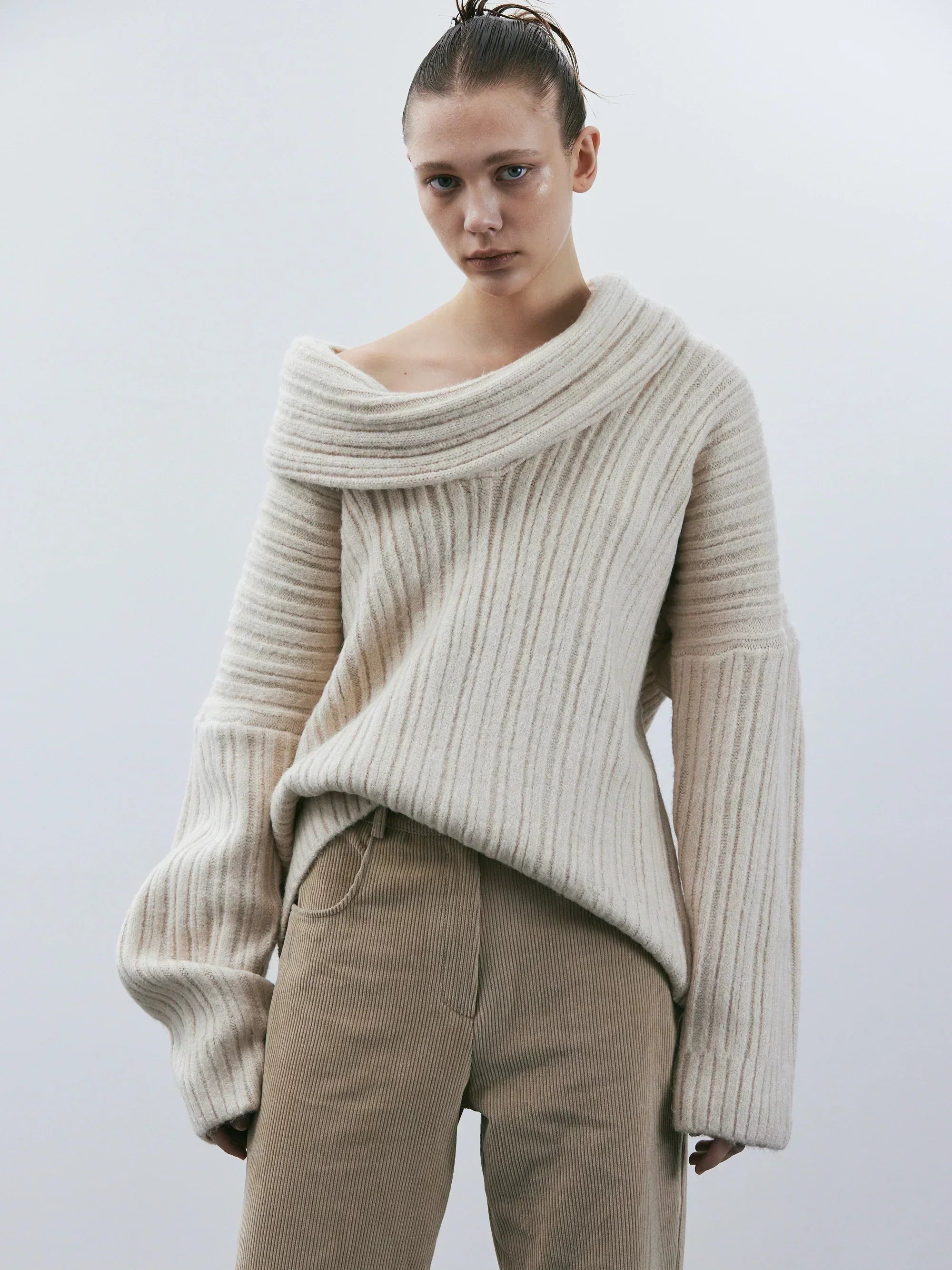 Off-Shoulder Ribbed Knit Sweater – Cozy Slouchy Pullover