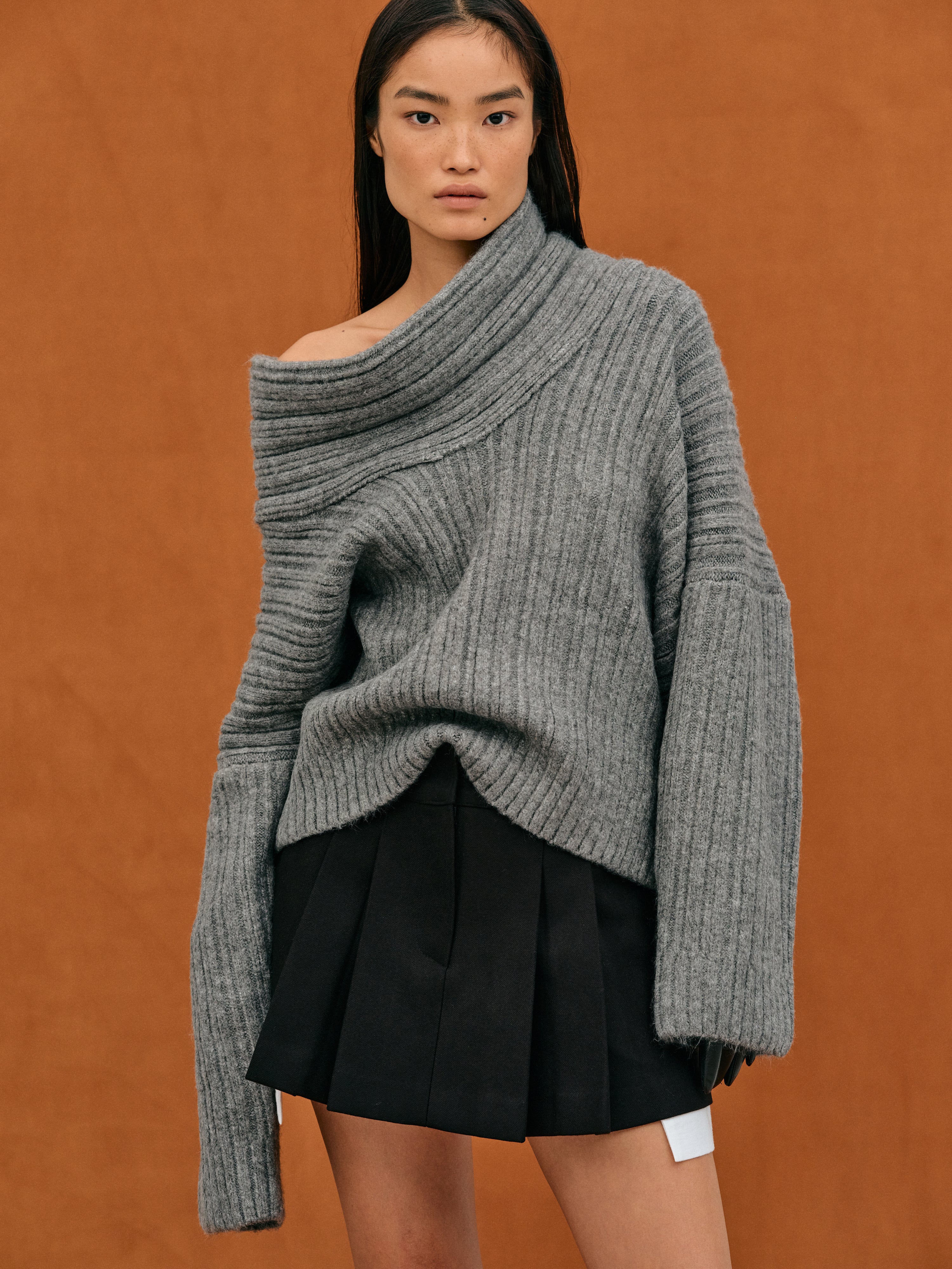 Off-Shoulder Ribbed Knit Sweater – Cozy Slouchy Pullover
