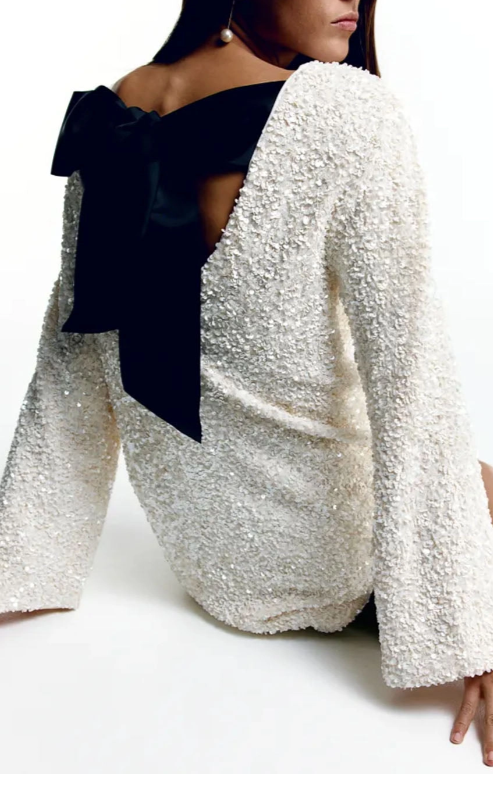Sequin Bow Back Long Sleeve Mini Dress