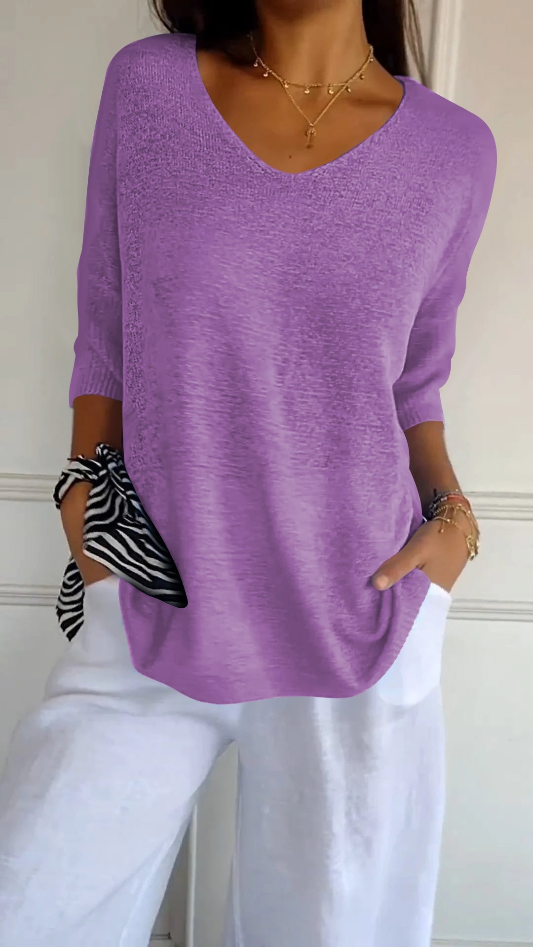 Loose Fit Lightweight V-Neck Knit Top for Women