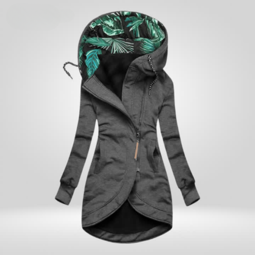 Asymmetrical Zip Hooded Jacket with Printed Lining