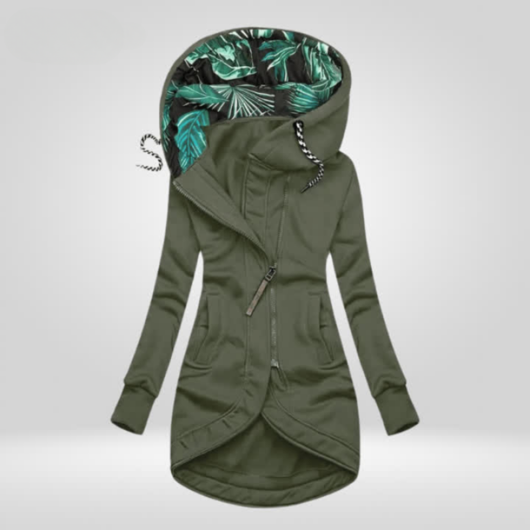 Asymmetrical Zip Hooded Jacket with Printed Lining