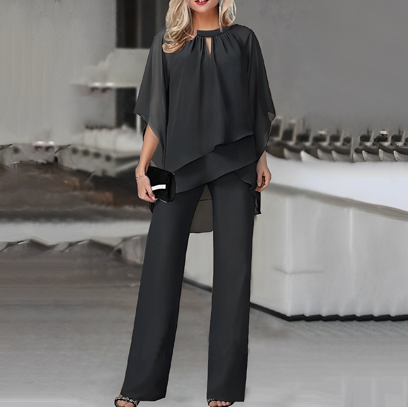 Elegant Two-Piece Flowy Cape Top and Wide-Leg Pants Set