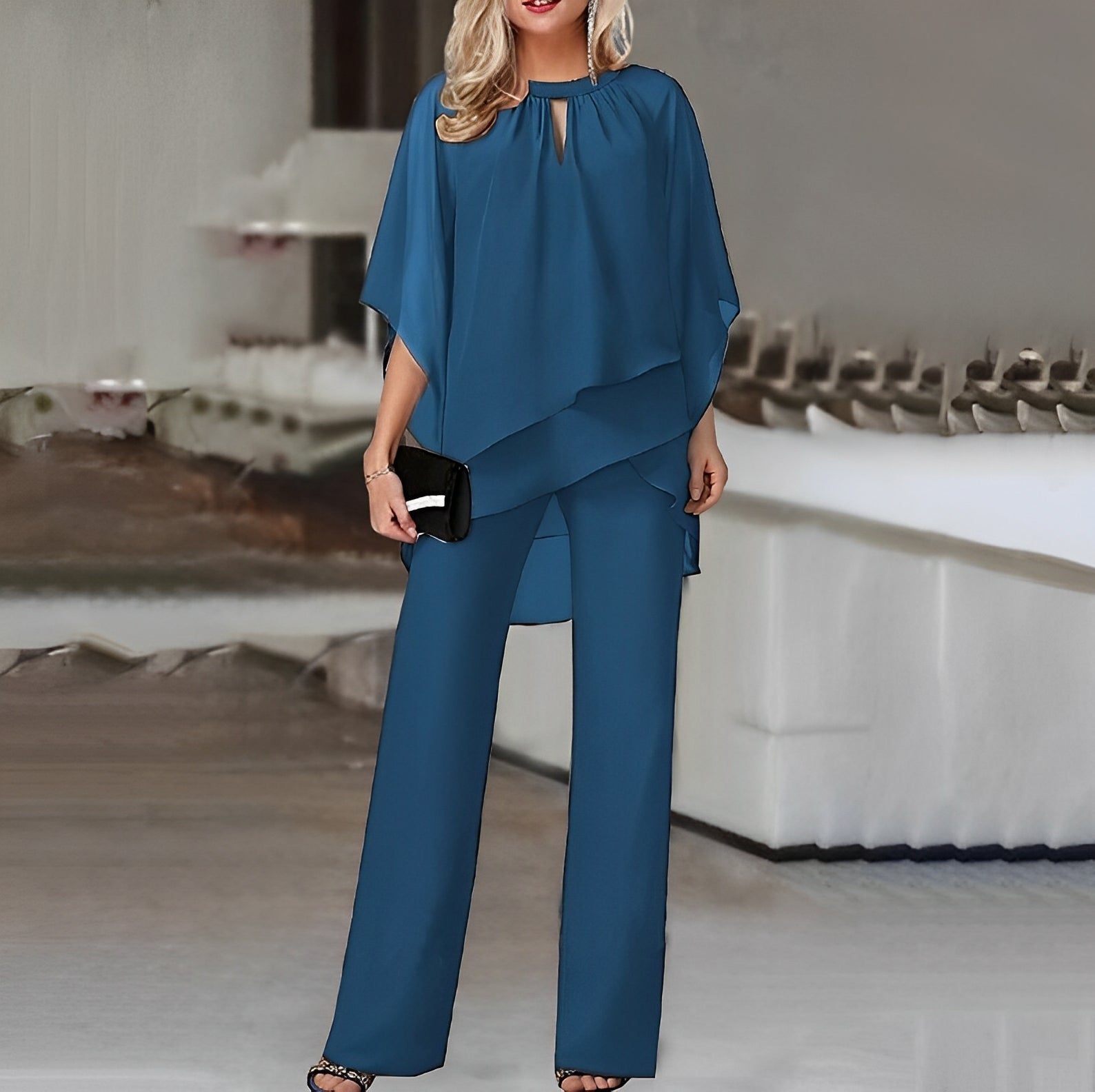 Elegant Two-Piece Flowy Cape Top and Wide-Leg Pants Set