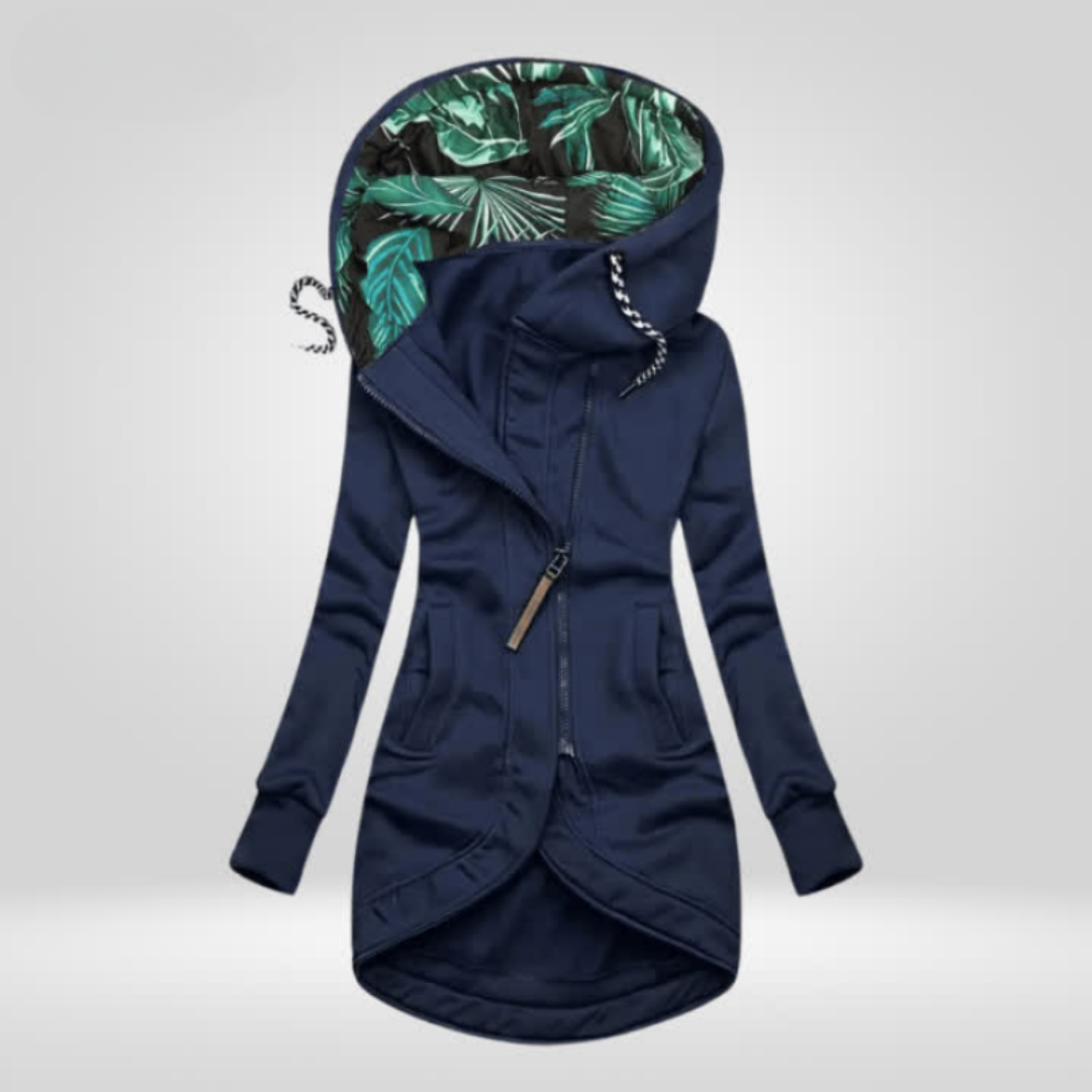 Asymmetrical Zip Hooded Jacket with Printed Lining