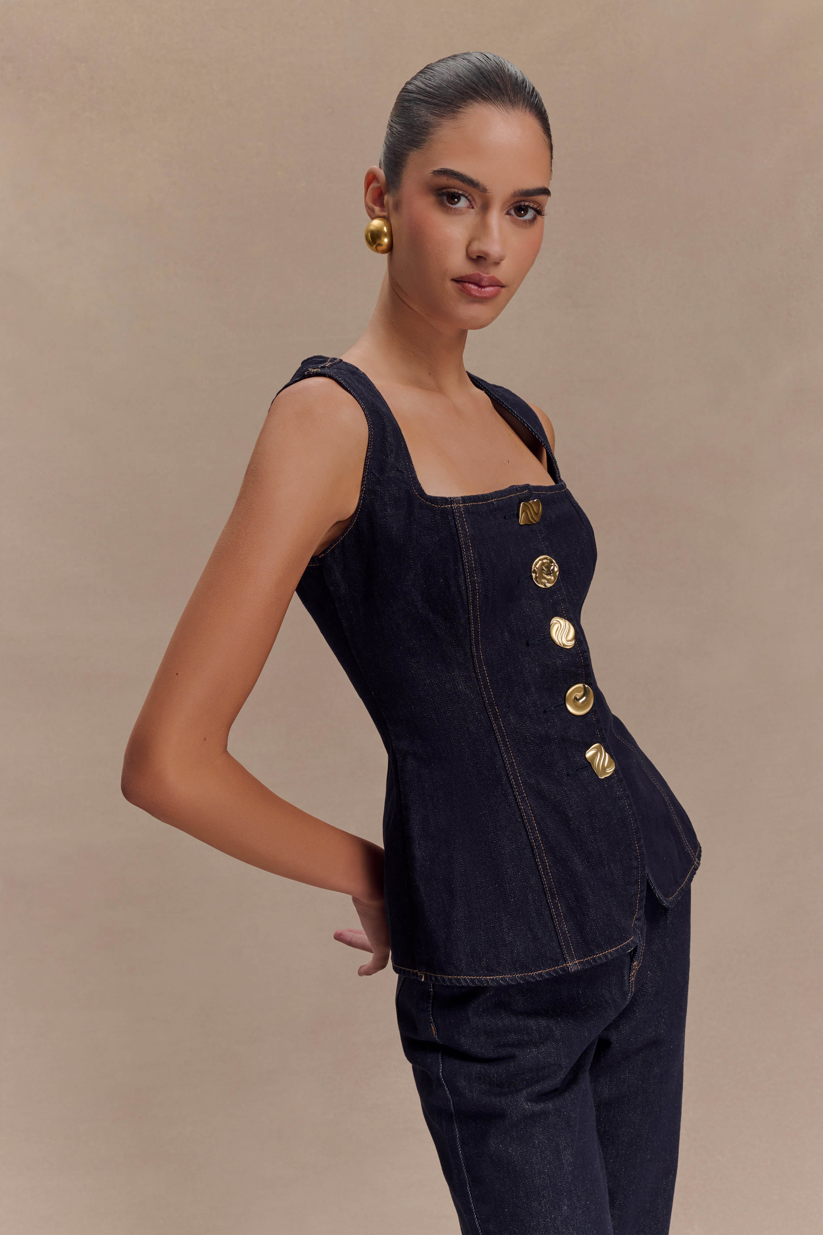 Denim Button-Front Sleeveless Corset Top & Straight-Leg Pants Set