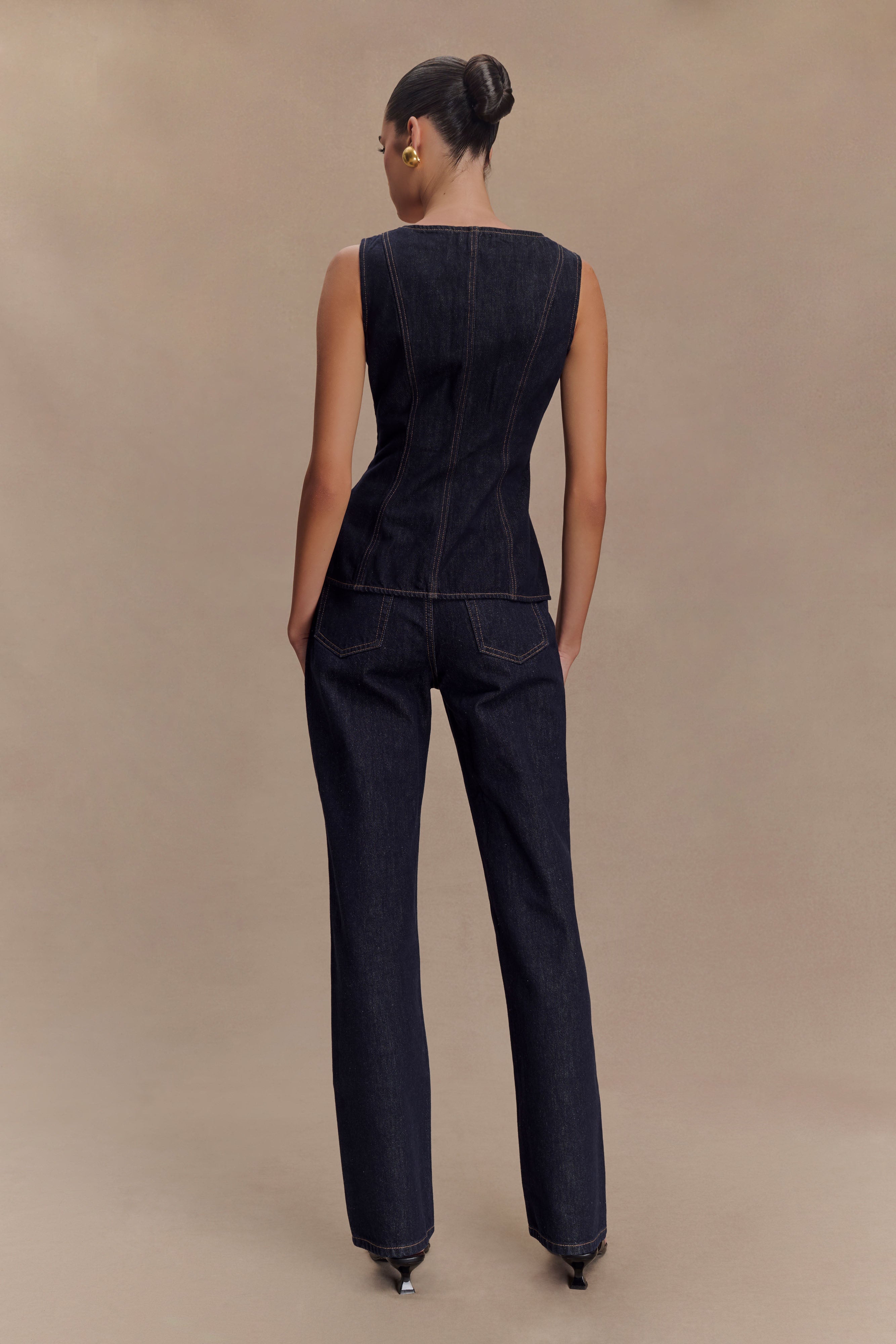 Denim Button-Front Sleeveless Corset Top & Straight-Leg Pants Set