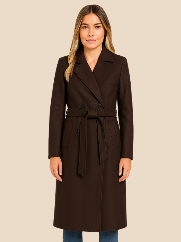 Women’s Long Belted Double-Breasted Wool Trench Coat