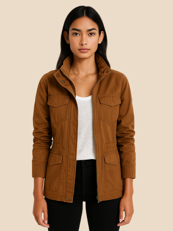 Women’s Casual Utility Jacket with Zipper and Pockets