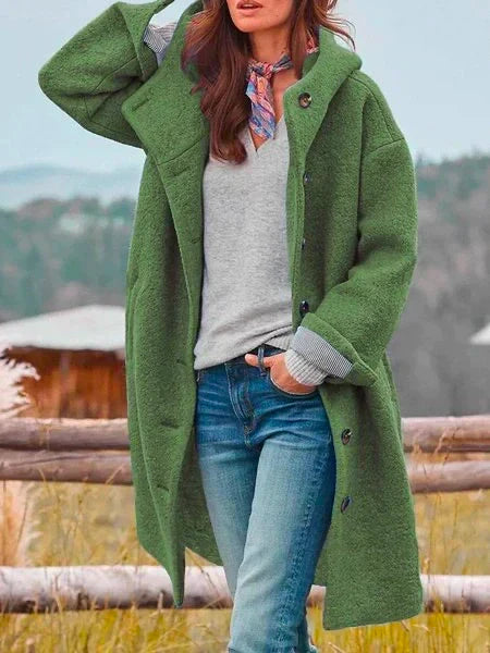 Cozy Button-Front Hooded Fleece Long Coat