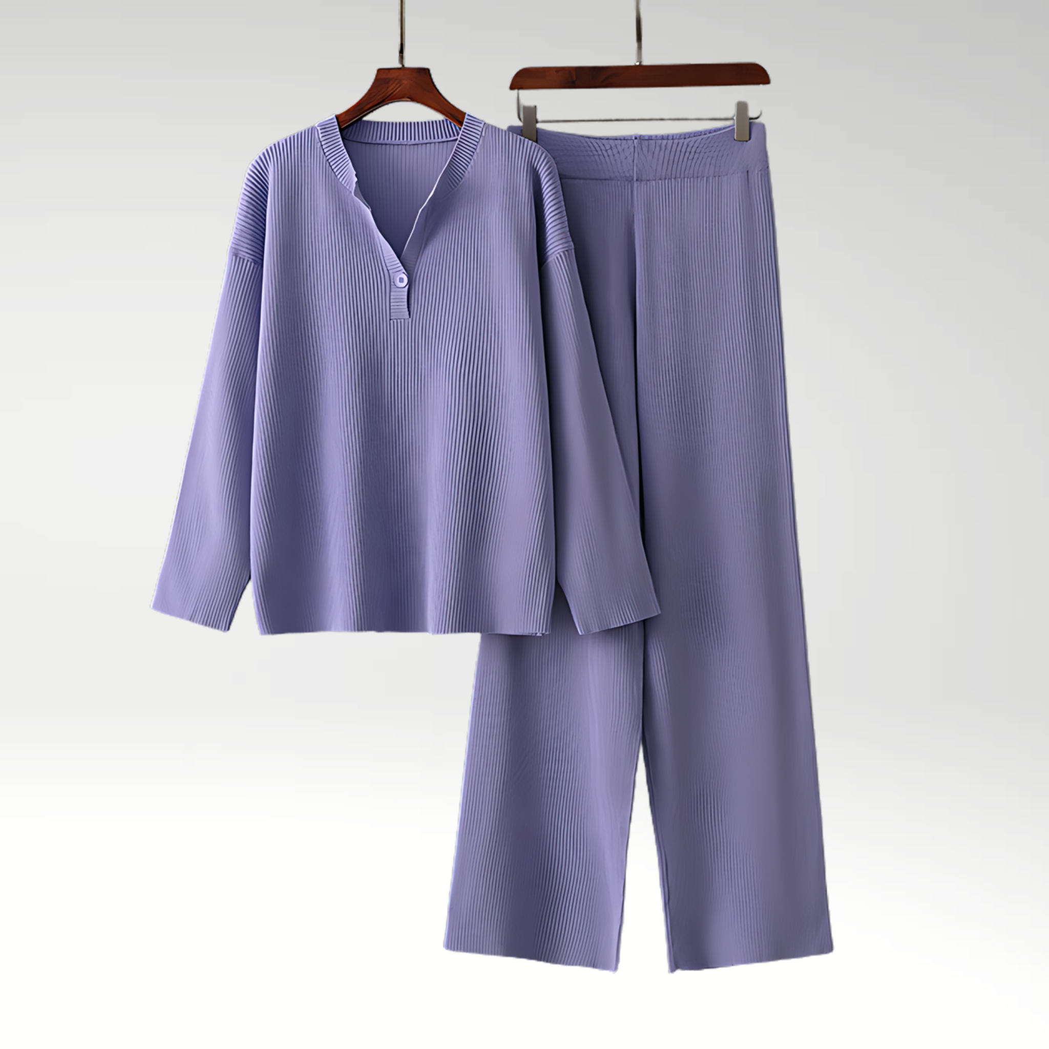Textured Button Neck Lounge Set with Wide Leg Pants