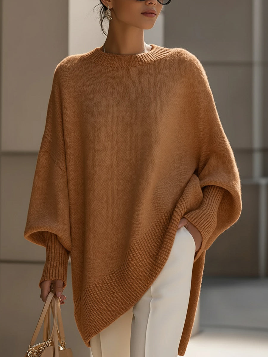 Relaxed Knit Poncho Sweater with Ribbed Cuffs