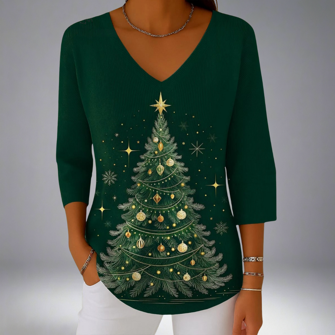 Christmas Tree Print V Neck Knit Top for Festive Everyday Style