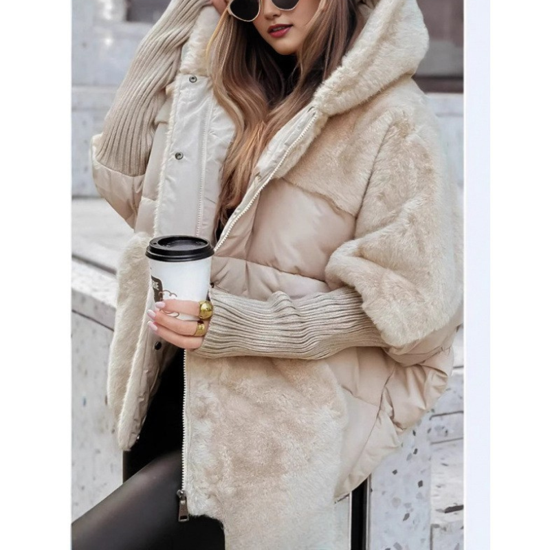 Teddy Fleece Puffer Jacket with Hood and Ribbed Cuffs