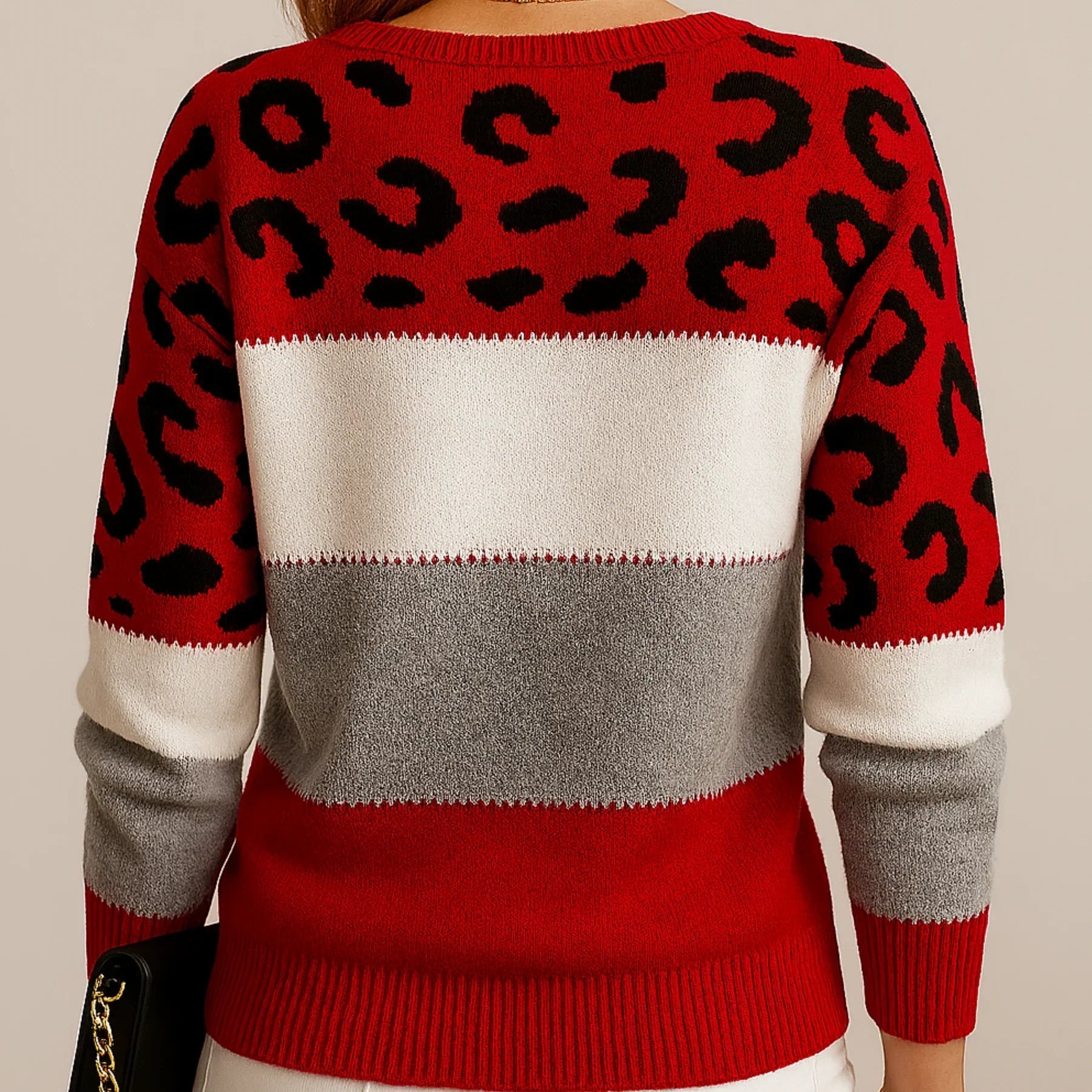 Leopard Print Color Block Knit Sweater