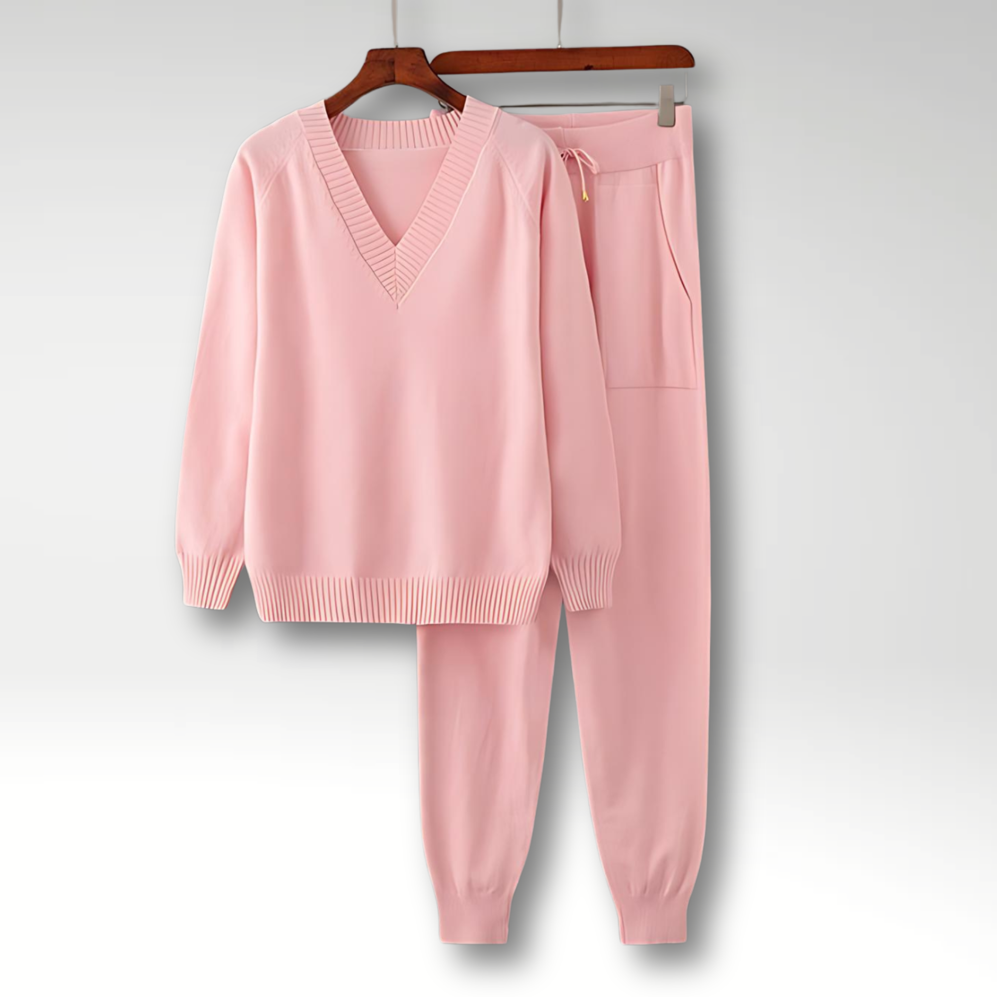 V Neck Knit Lounge Set with Relaxed Fit Pants