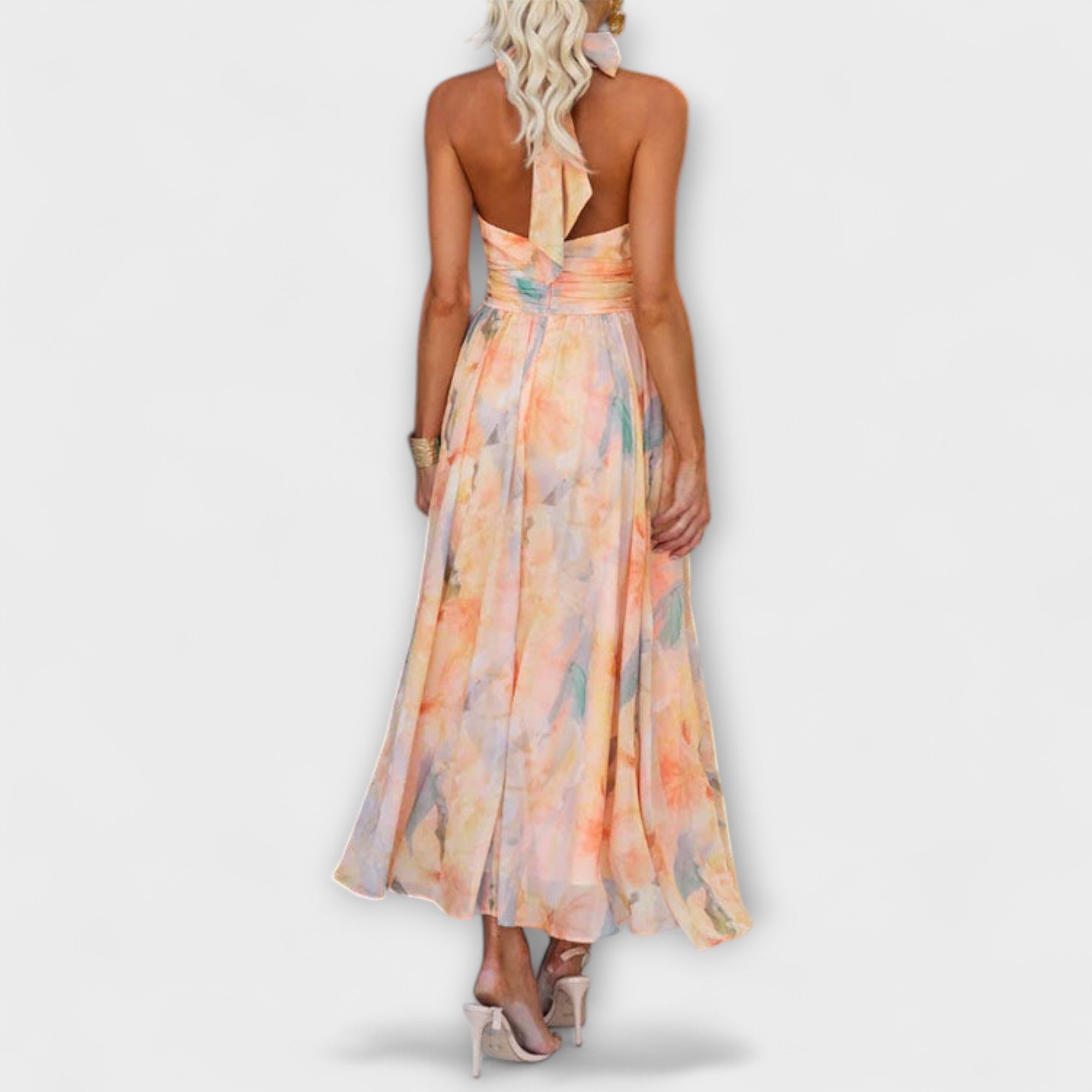 Halter Floral Midi Dress with Open Back and Flowy Skirt