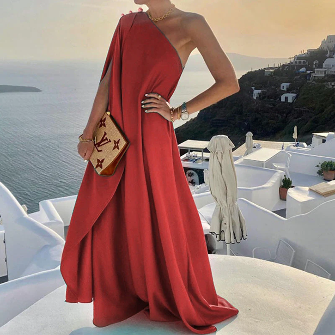 Elegant One-Shoulder Flowy Maxi Evening Dress