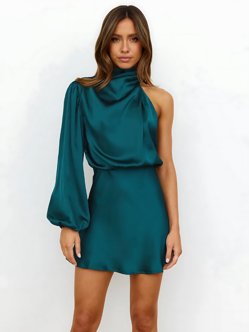 One Shoulder Long Sleeve Satin Mini Dress for Elegant Evenings