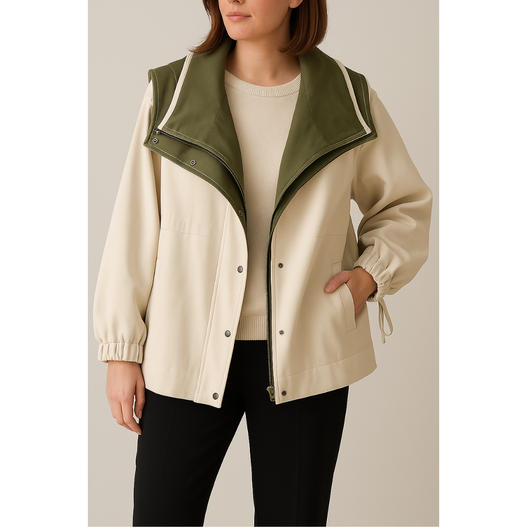 Two-Tone Hooded Cinch Waist Utility Jacket
