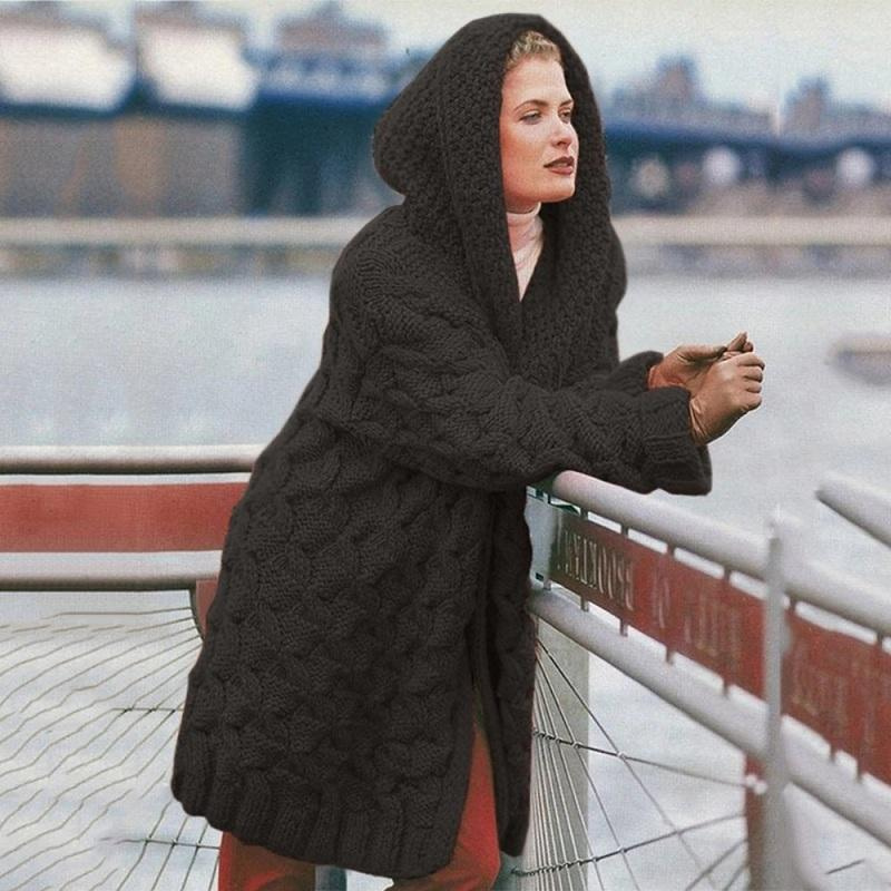 Chunky Cable Knit Hooded Long Cardigan