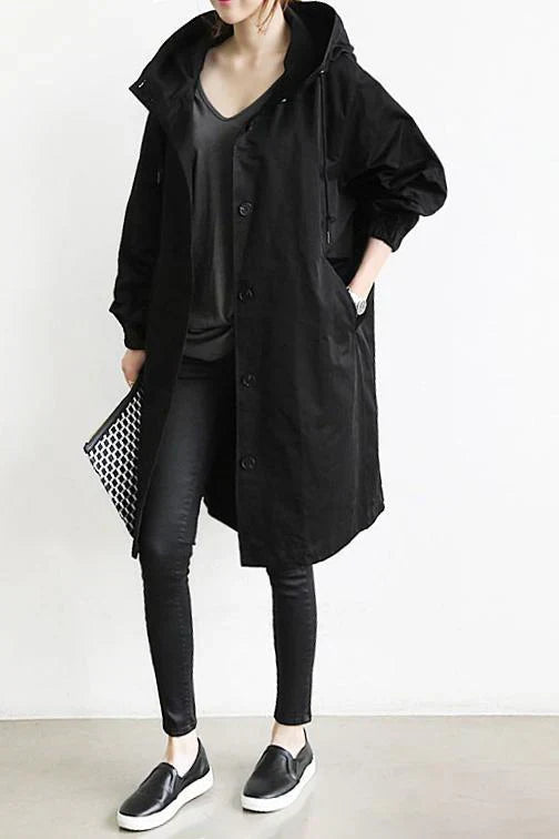 Women’s Long Hooded Button Coat – Lightweight Casual Oversized Jacket