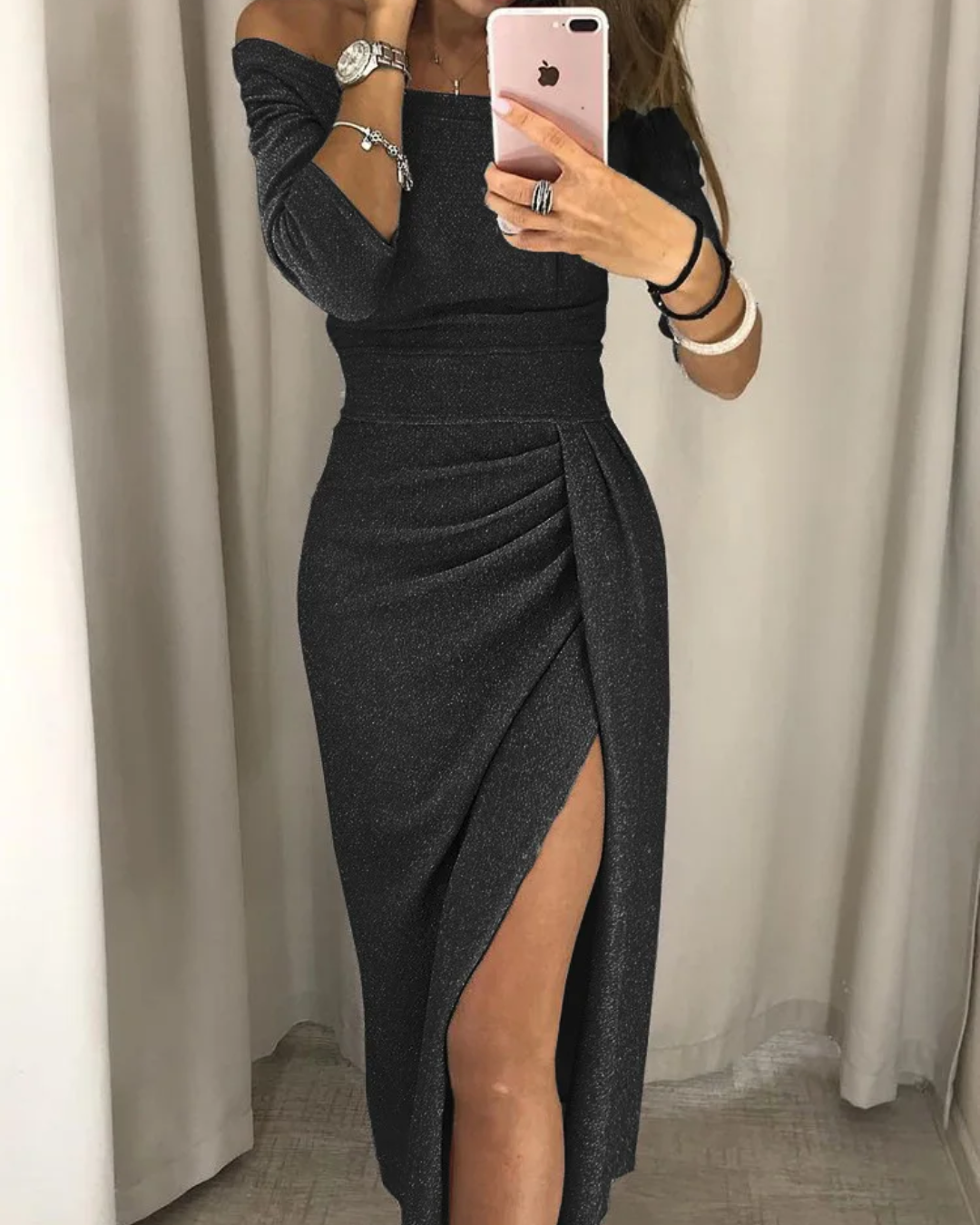 Elegant One-Shoulder Glitter Maxi Dress with High Slit