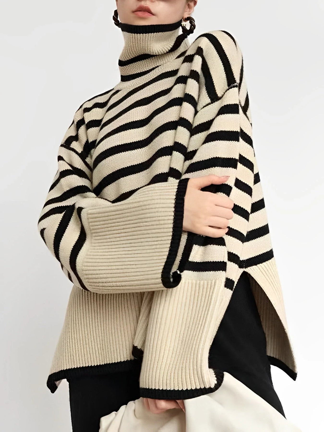 Striped Turtleneck Oversized Knit Sweater – Cozy Winter Pullover