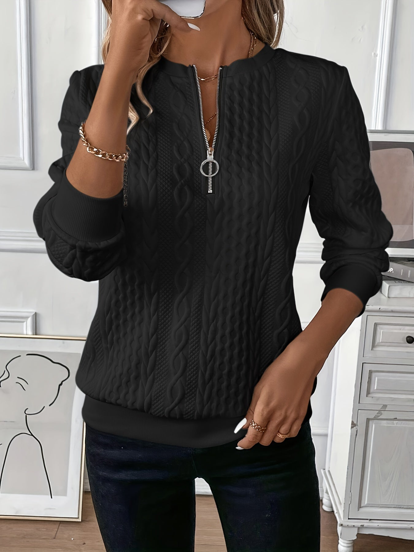 Cable-Knit Split Neck Cozy Pullover Sweater