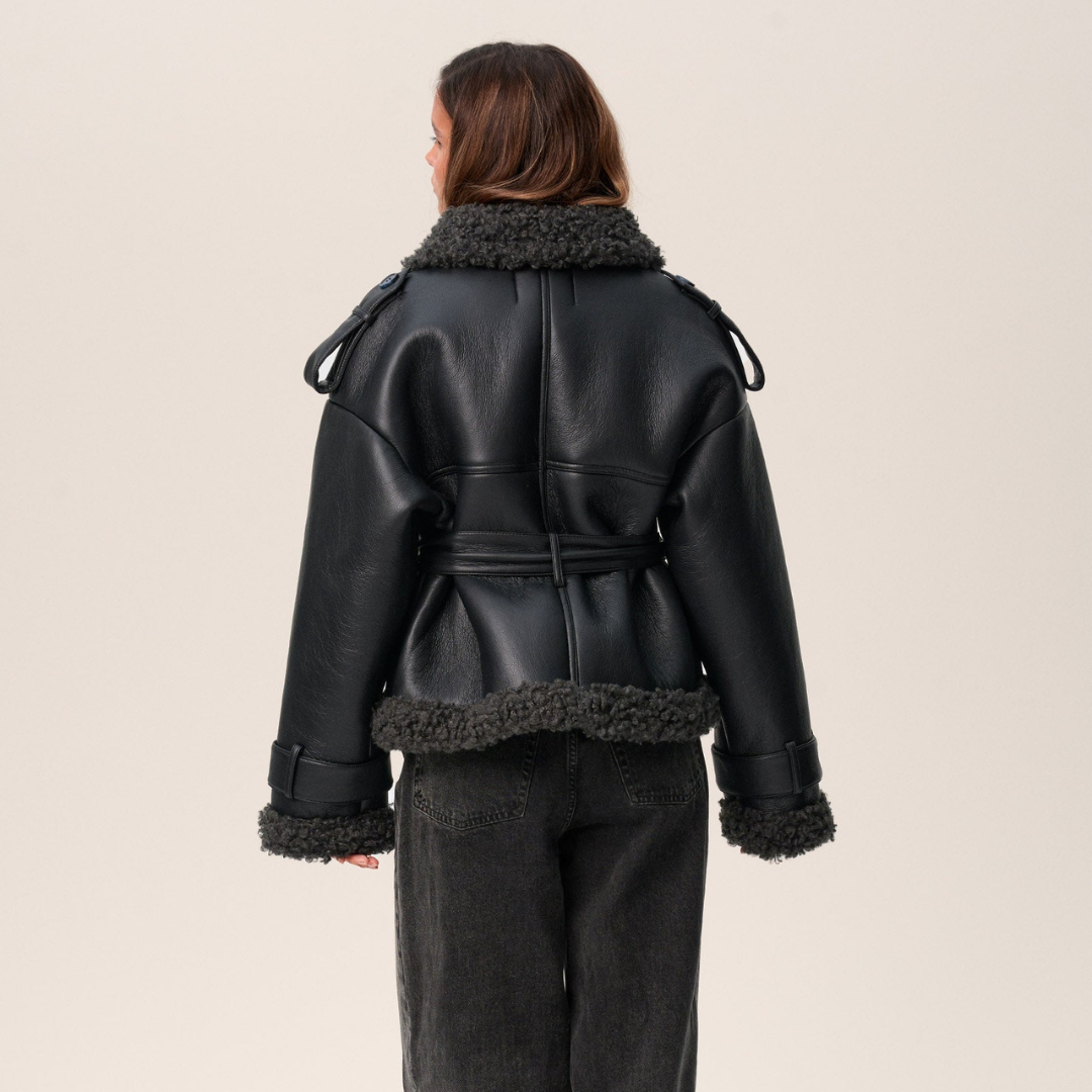 Oversized Faux Leather Shearling Jacket with Belted Waist