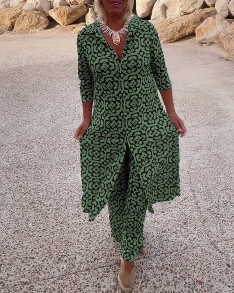 Printed Two-Piece Long Tunic Top and Wide-Leg Pants Set