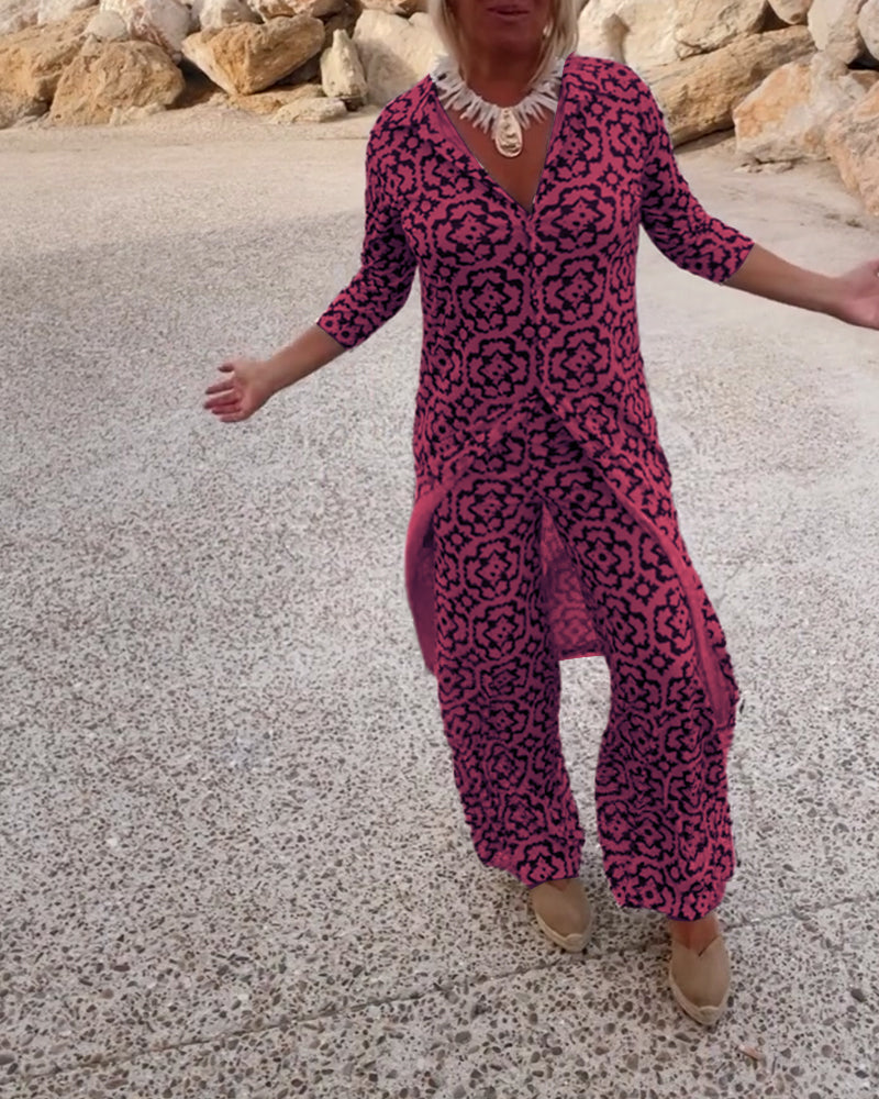 Printed Two-Piece Long Tunic Top and Wide-Leg Pants Set