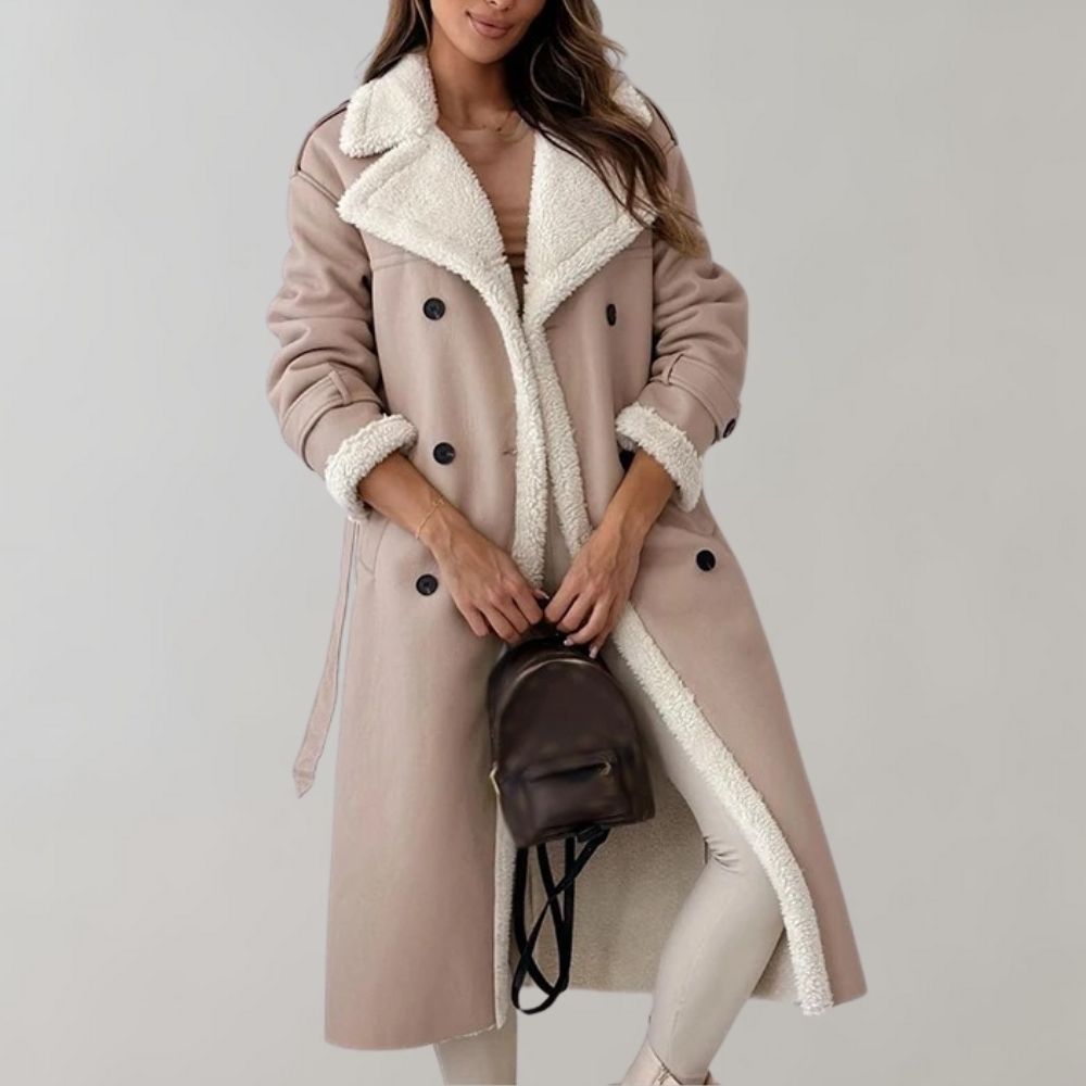 Long Faux Shearling Lined Leather Coat